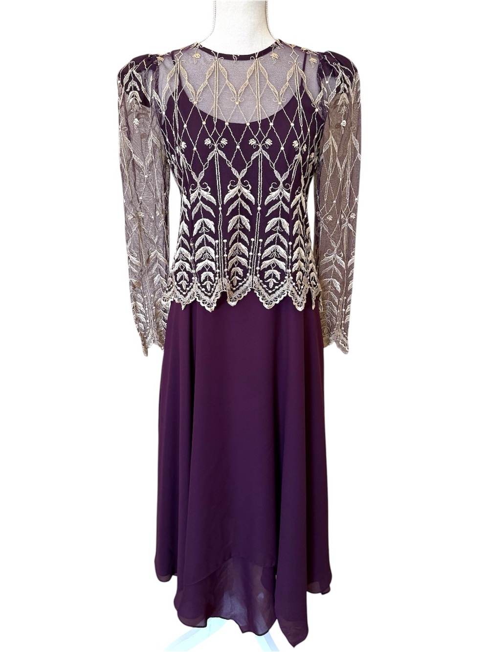 Purple Gold Embroidered Midi Dress Cachet Bari Protas 11/12 Sheer Sleeves Formal